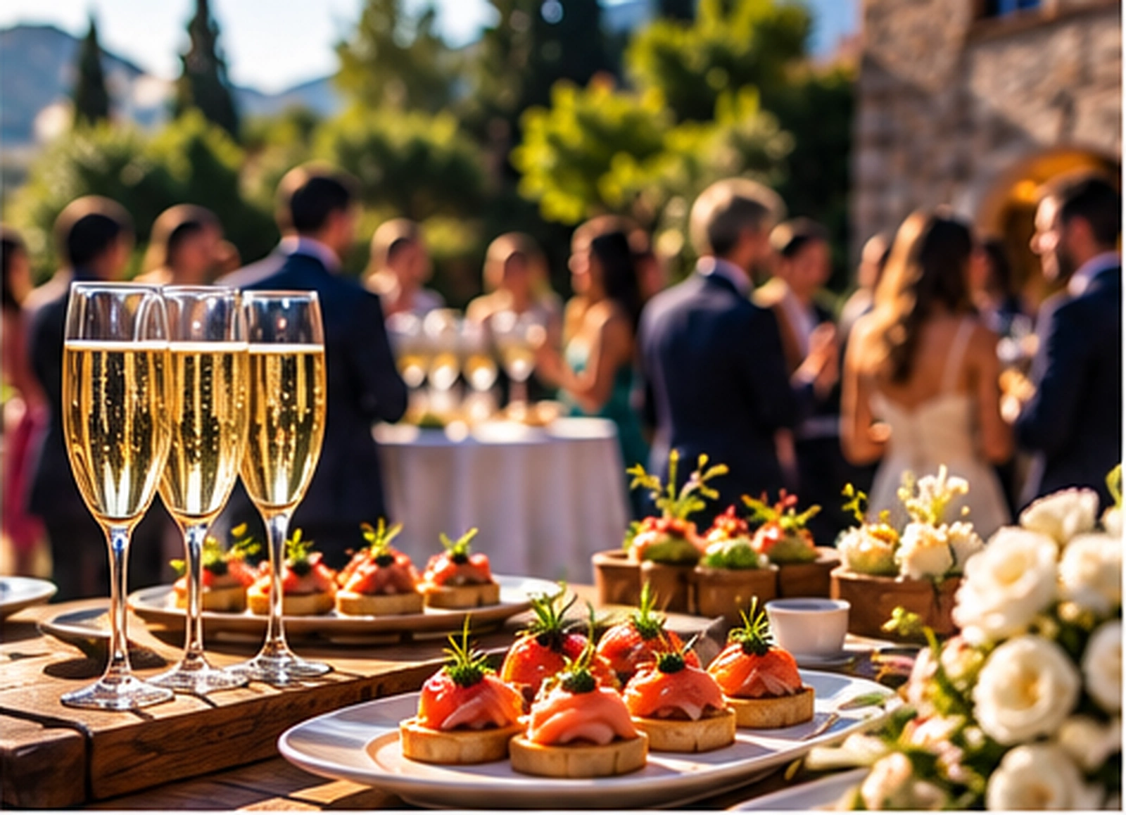 Aperitivo de boda en Barcelona con invitados disfrutando al aire libre