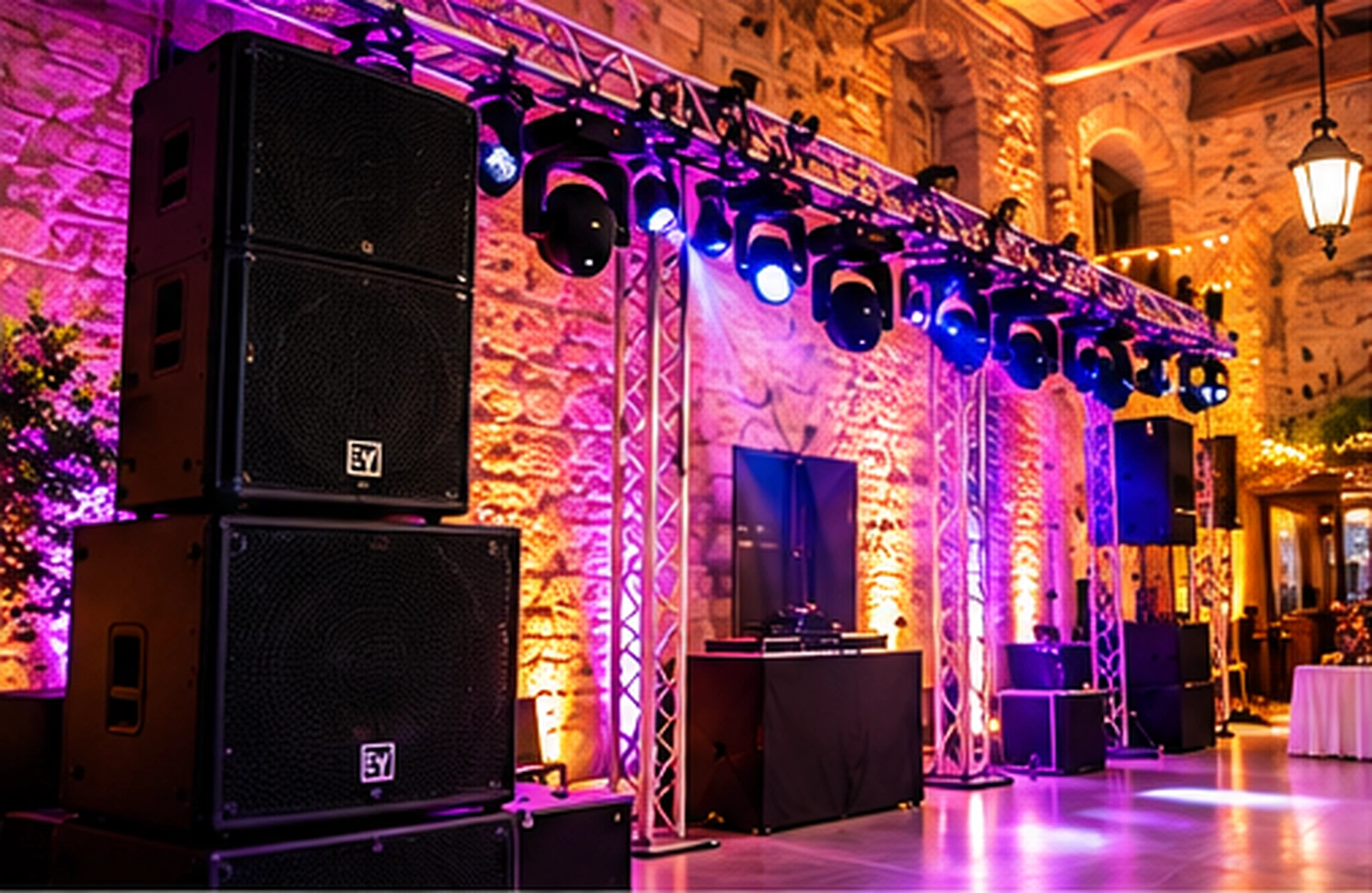 Equipo de sonido e iluminación profesional preparado para una boda en Barcelona