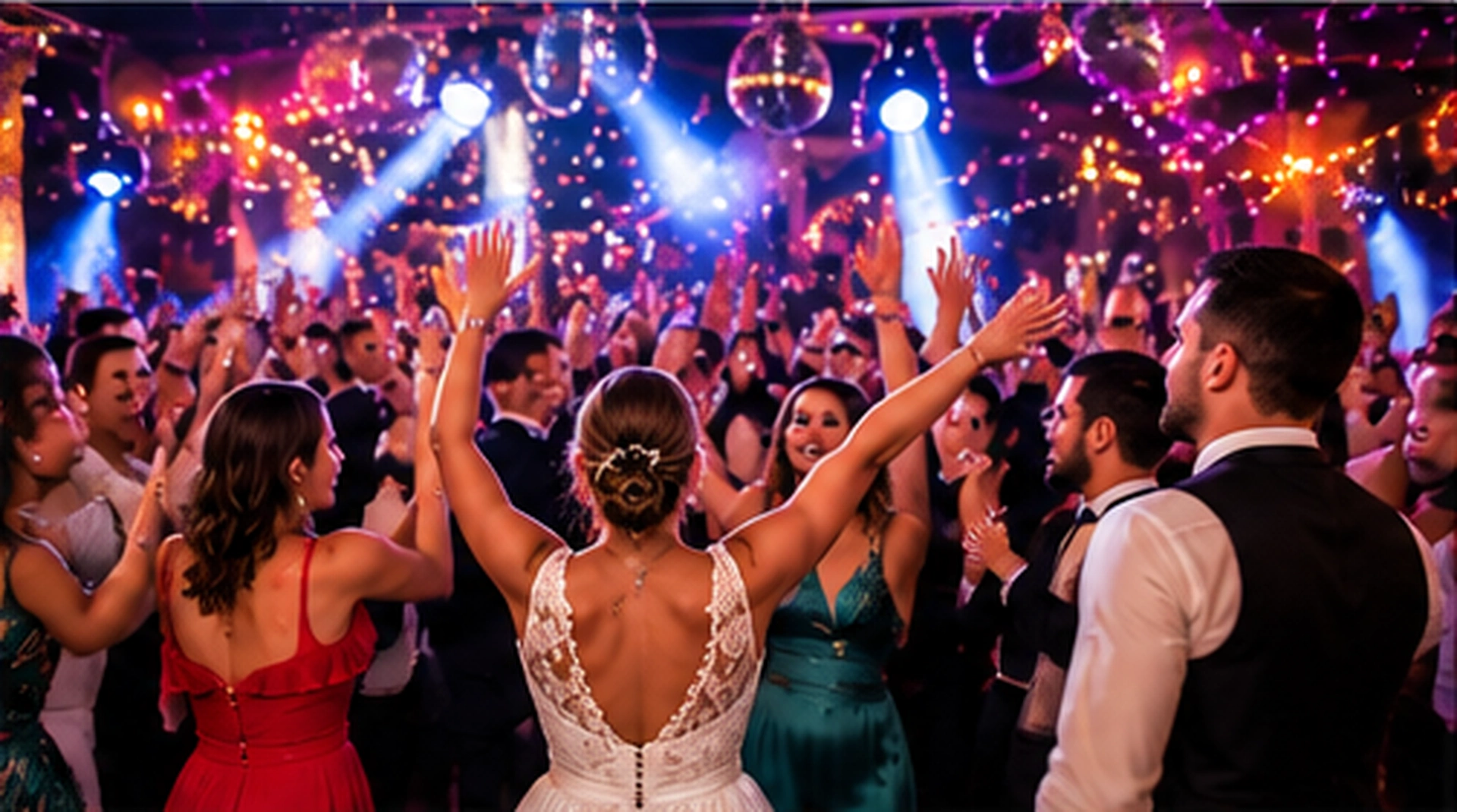 Invitados bailando en la pista de una boda en Barcelona con música y luces de fiesta